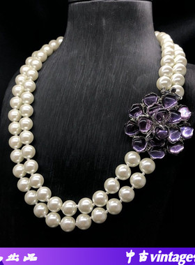 法式中古饰品复古优雅紫色琉璃花朵双层设计珍珠爆款项链耳钉套装