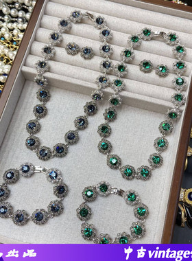 法式轻奢镶钻绿色花朵项链手链耳
