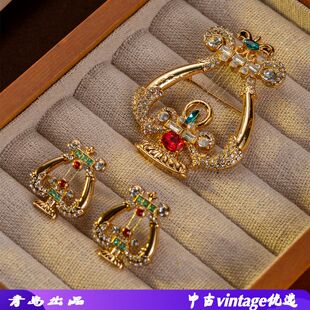 欧美中古饰品镀金里拉琴艺术胸针创意典雅竖琴音乐耳钉胸花套装