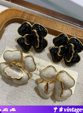 中古vintage 轻奢复古香风黑色滴油山茶花高质经典百搭项链耳饰