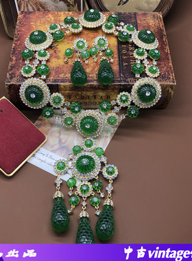 中古设计感欧美风气质复古风绿色果冻树脂镶嵌莱茵石重工项链耳钉
