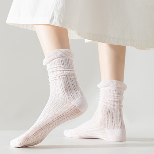 JK堆堆袜 女 2024日系泡泡罗口花边袜网眼透气中筒袜女士月子袜子