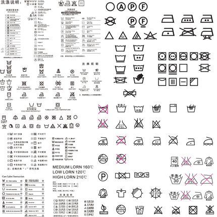 服装纺织品水洗标矢量素材  标识说明图标志干洗手洗涤织标签吊牌