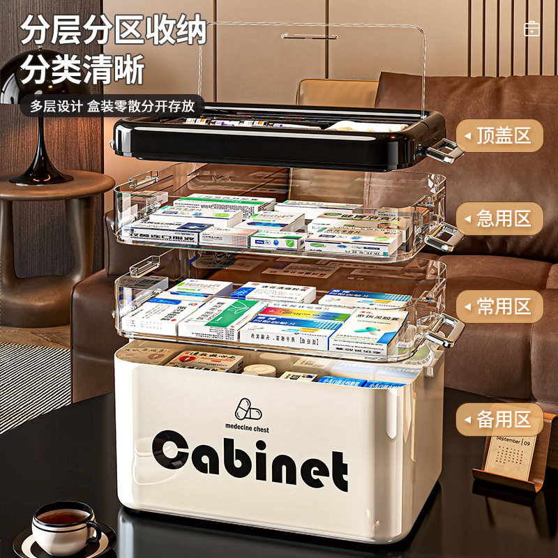 家用多层透明医药收纳箱 奶油风便携药盒 客厅家用药品分层整理盒