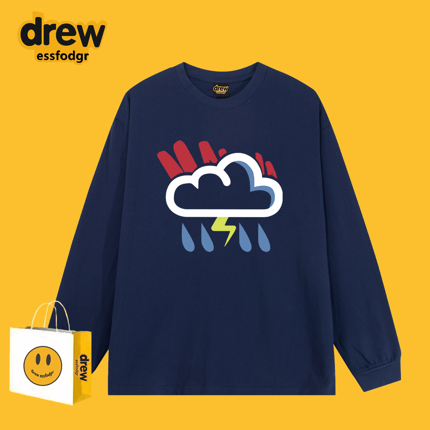 Drew美式高级感雷电雨印花长袖衫