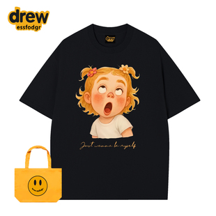 半袖 T恤男女纯棉宽松百搭情侣装 爱谁谁女孩卡通印花短袖 Drew美式