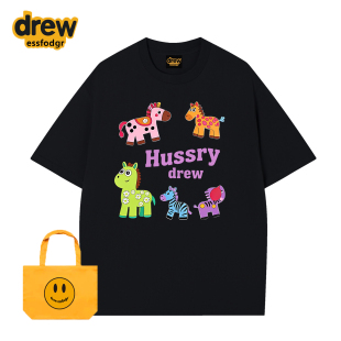 学生休闲宽松情侣上衣 T恤男女夏季 drew美式 潮牌趣味小马印花短袖