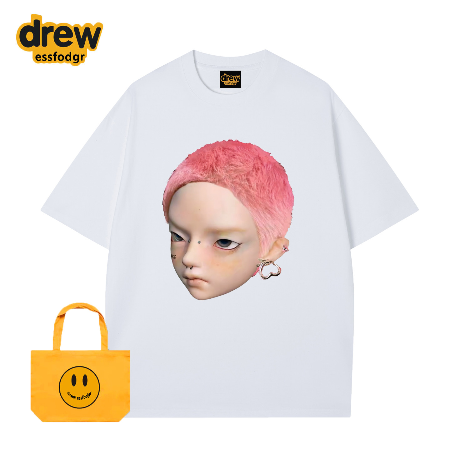 Drew essfodgr美式比伯同款粉发3D立体大头像宽松休闲男女短袖T恤