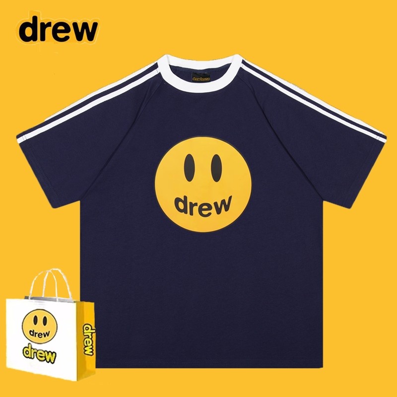 Drew笑脸三条杠短袖男女美式休闲宽松运动T恤情侣潮牌纯棉上衣夏