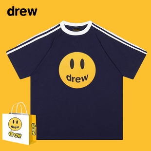 Drew笑脸三条杠短袖男女美式休闲宽松运动T恤情侣潮牌纯棉上衣夏