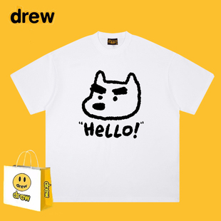Drew美式潮牌浓眉小狗印花重磅短袖T恤高街宽松男女情侣装上衣ins