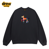 Drew美式 潮牌卡通小马印花加绒圆领卫衣男女宽松休闲重磅情侣上衣