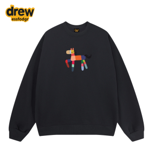 Drew美式 潮牌卡通小马印花加绒圆领卫衣男女宽松休闲重磅情侣上衣