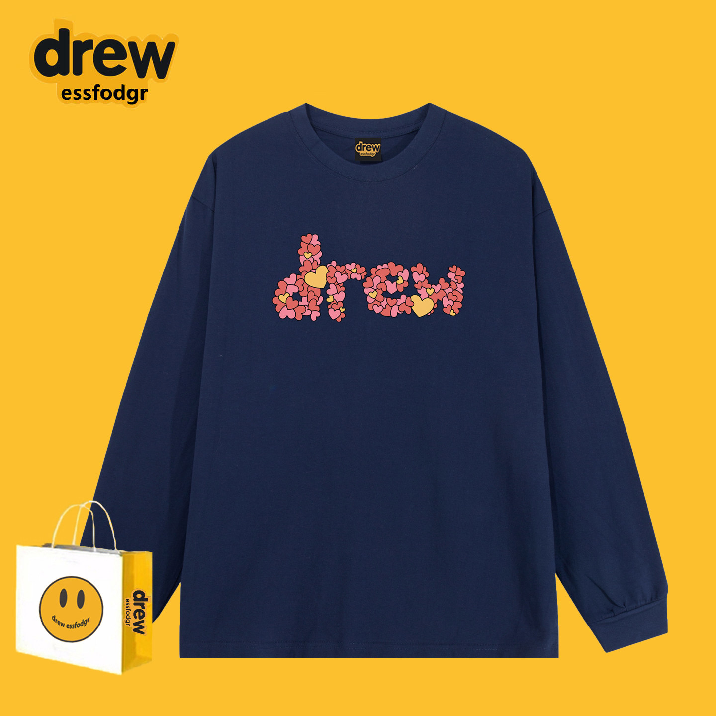 Drew美式潮牌爱心字母印花长袖T恤男女休闲百搭宽松情侣打底上衣