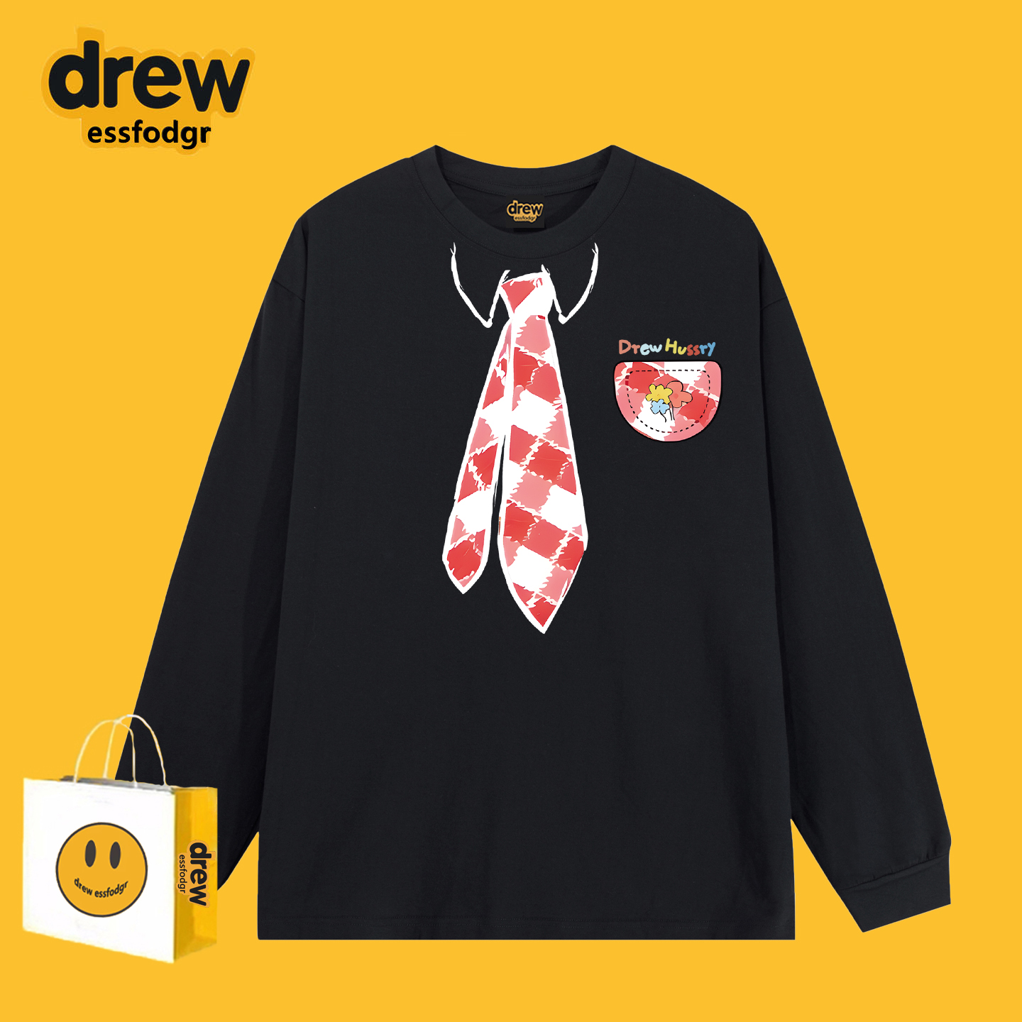 Drew美式潮牌趣味设计感领带印花长袖t恤男女休闲宽松情侣上衣ins