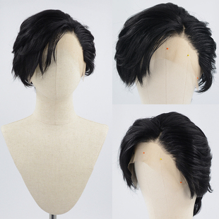 男士短假发纯黑色修剪高温丝手勾发自然发际线整顶假发毛胚背头