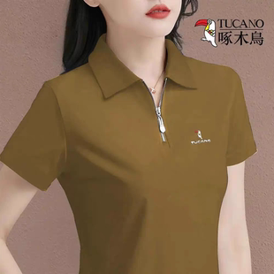 宽松显瘦小个子半拉链正肩短袖 啄木鸟polo领T恤女大码 纯棉上衣潮