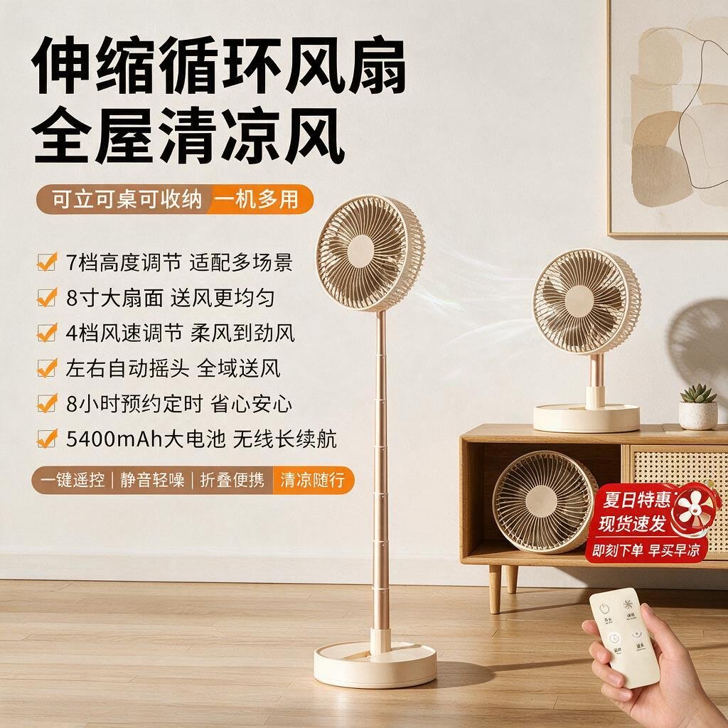 落地台扇8寸可折叠小风扇伸缩摇头USB充电风扇遥控便携家用床头扇