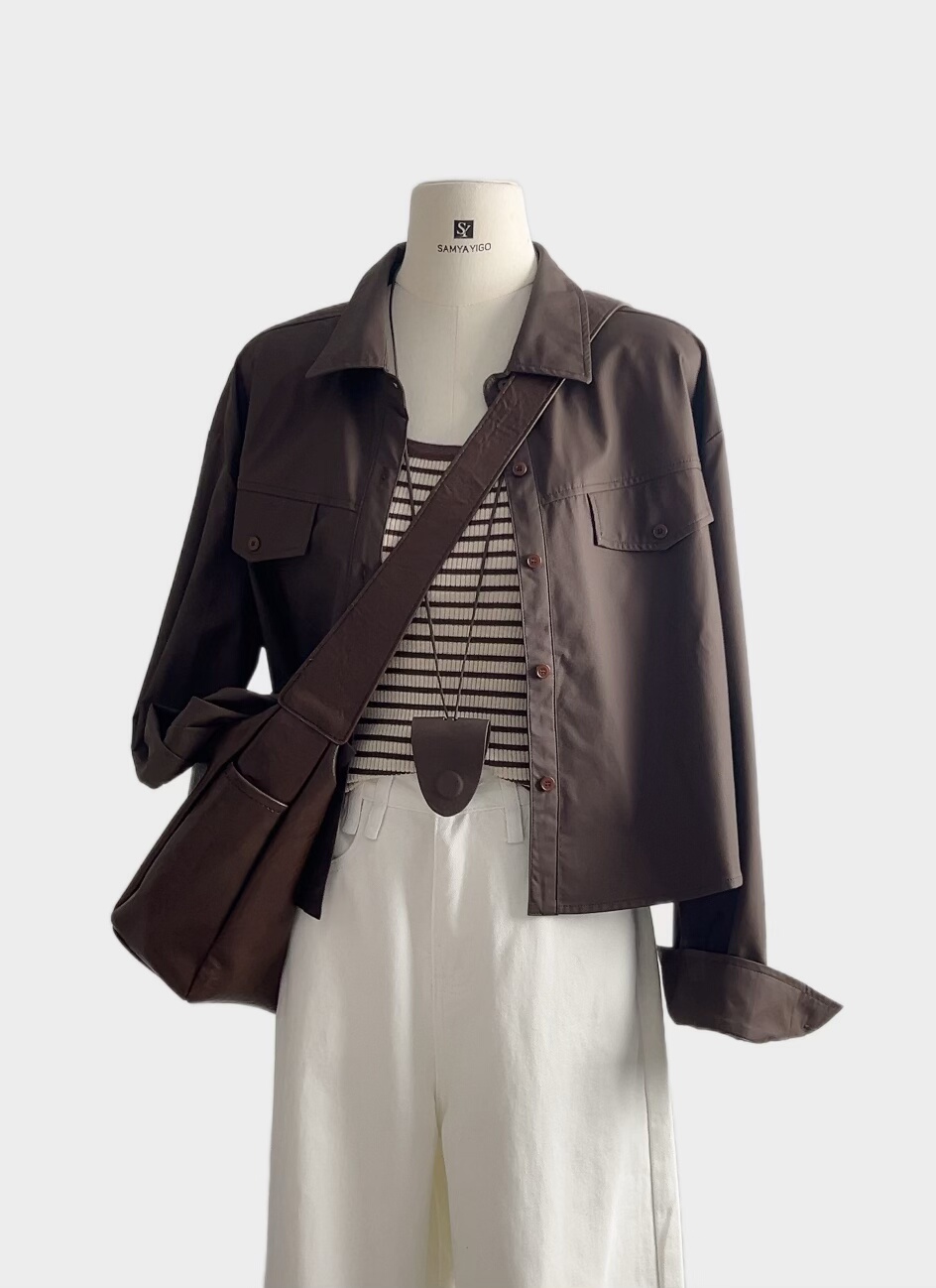 2025新款时尚皮衣女宽松显瘦百搭休闲外套搭配条纹背心套装7551