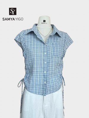 2026SAMYA YIGO夏季新款时尚休闲百搭收腰格子衬衫3452款蓝色