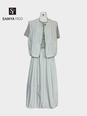 2026 SAMYA YIGO夏季新款时尚百搭马甲搭配条纹T恤半身裙套装6009