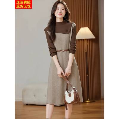 高端气质针织长袖连衣裙女秋冬半高领中长款宽松显瘦假两件打底裙