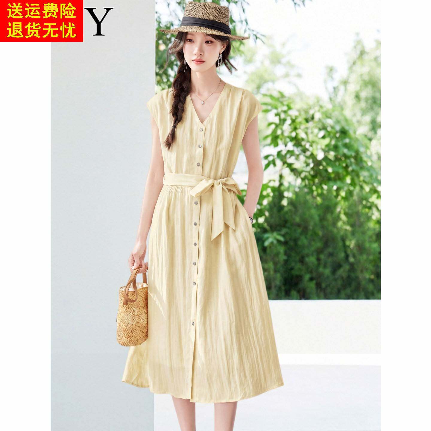 2026夏季新款大气通勤OL女神范绑带收腰连衣裙气质V领显瘦衬衫裙