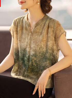 中老年人女夏装短袖印花上衣服妈妈套装减龄洋派宽松大尺码T恤小