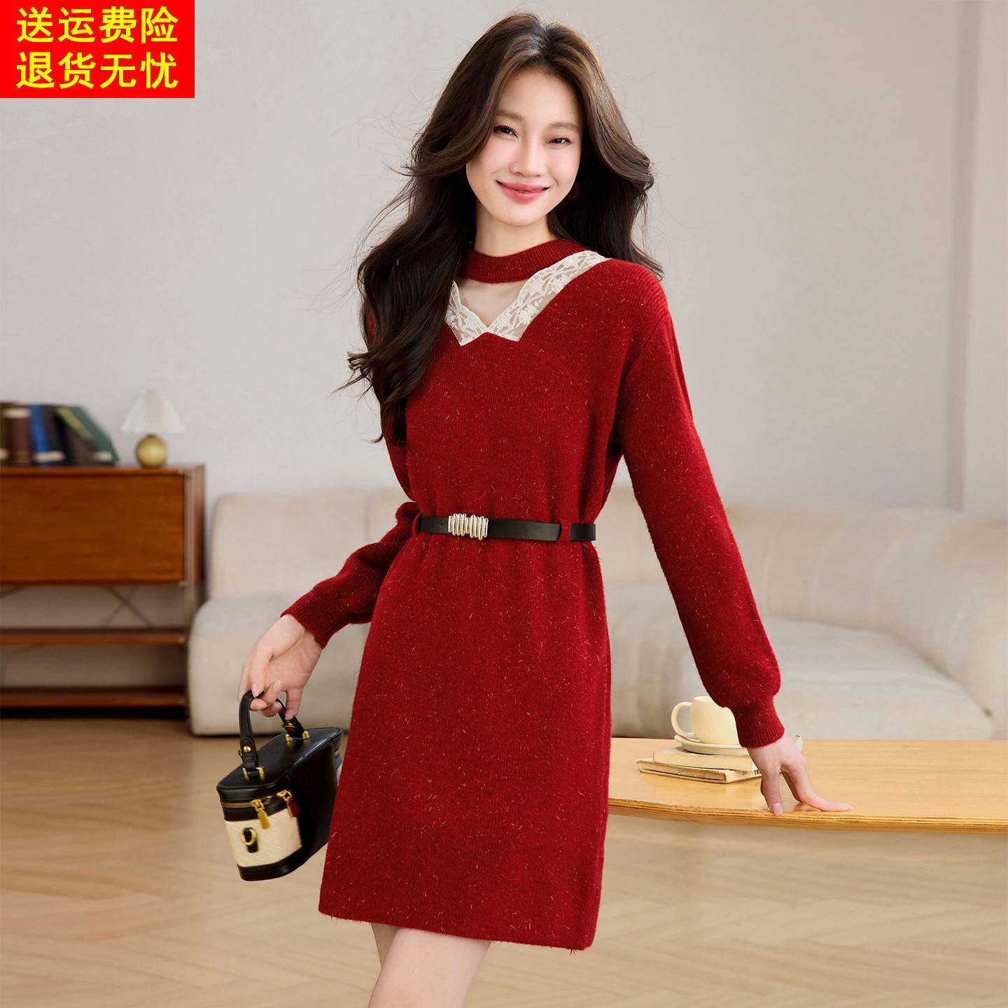 超好看红色针织连衣裙女秋冬2025新款小个子显瘦配大衣打底毛衣裙