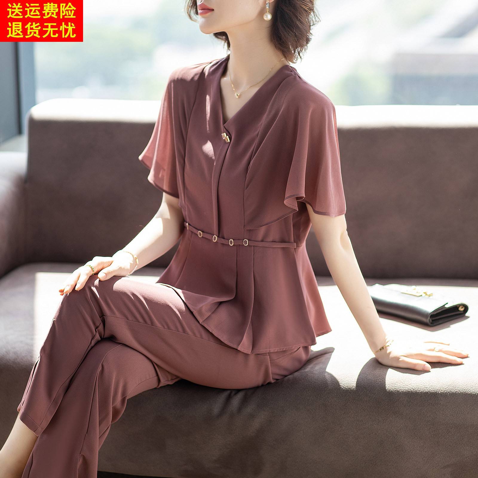 妈妈洋派雪纺衫女短袖时尚40岁气质中老年人夏装两件式装2026新款