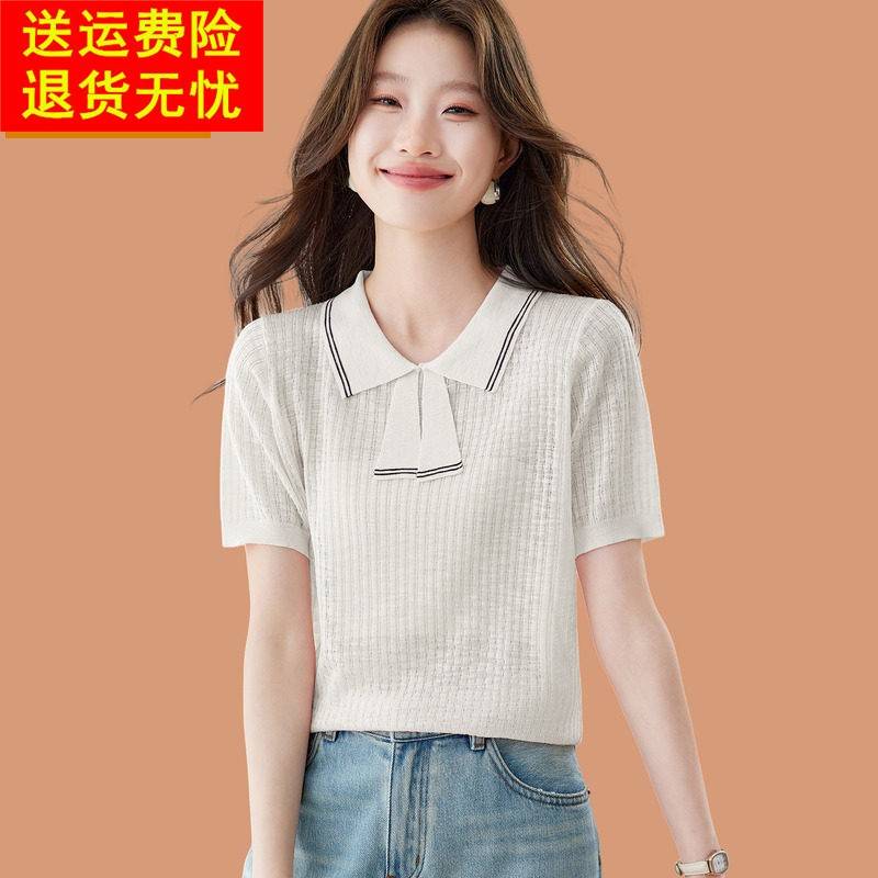 蝴蝶结翻领t恤女2026新款夏季冰丝针织短袖独特超好看桑蚕丝上衣