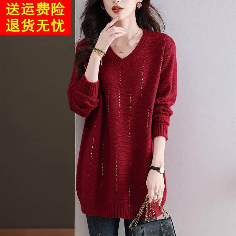 秋冬新款慵懒风羊毛衫女中长款宽松大码针织毛衣显瘦遮肚子打底衫
