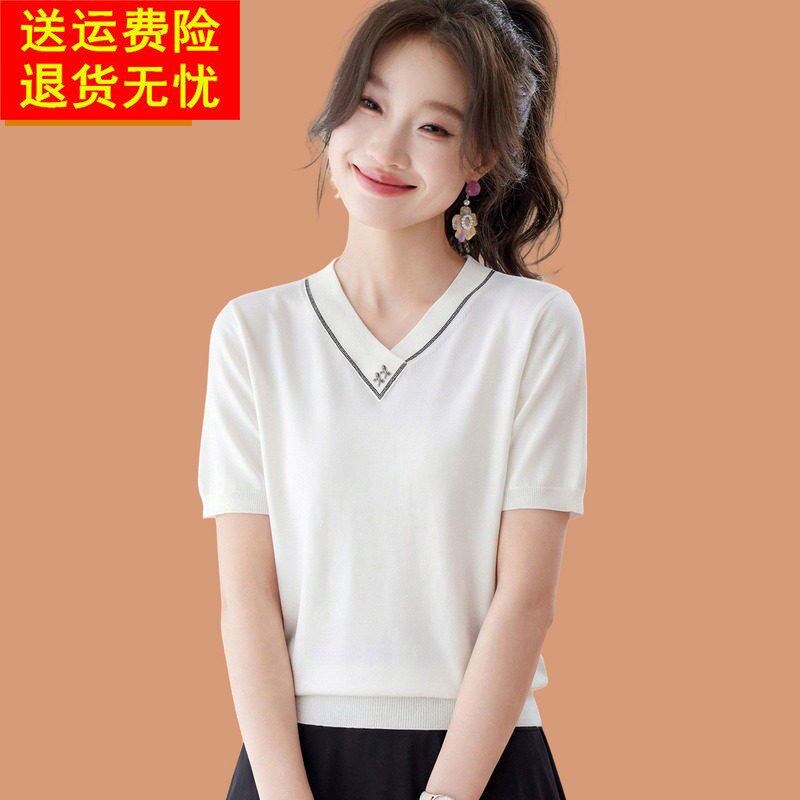 桑蚕丝白色短袖t恤女士夏季薄款鸡心领T恤品牌真丝上衣冰丝针织衫