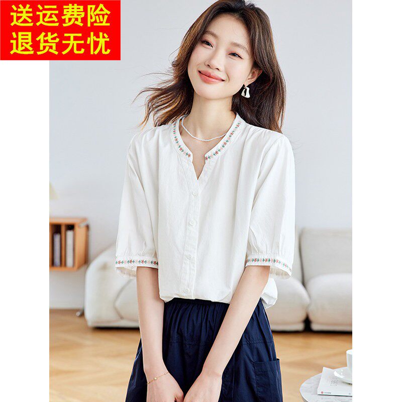 白色纯棉刺绣半开领短袖衬衫女2025新款夏季宽松洋气减龄短款上衣