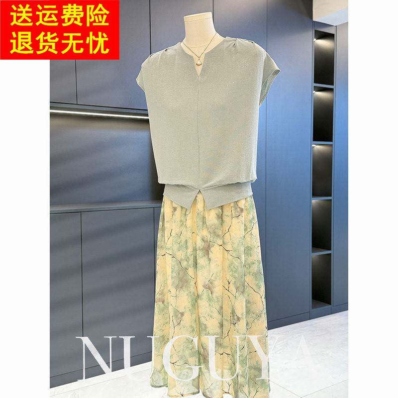 时尚洋派雪纺中年人洋装女套装夏装新款中长版妈妈装裙子两件套