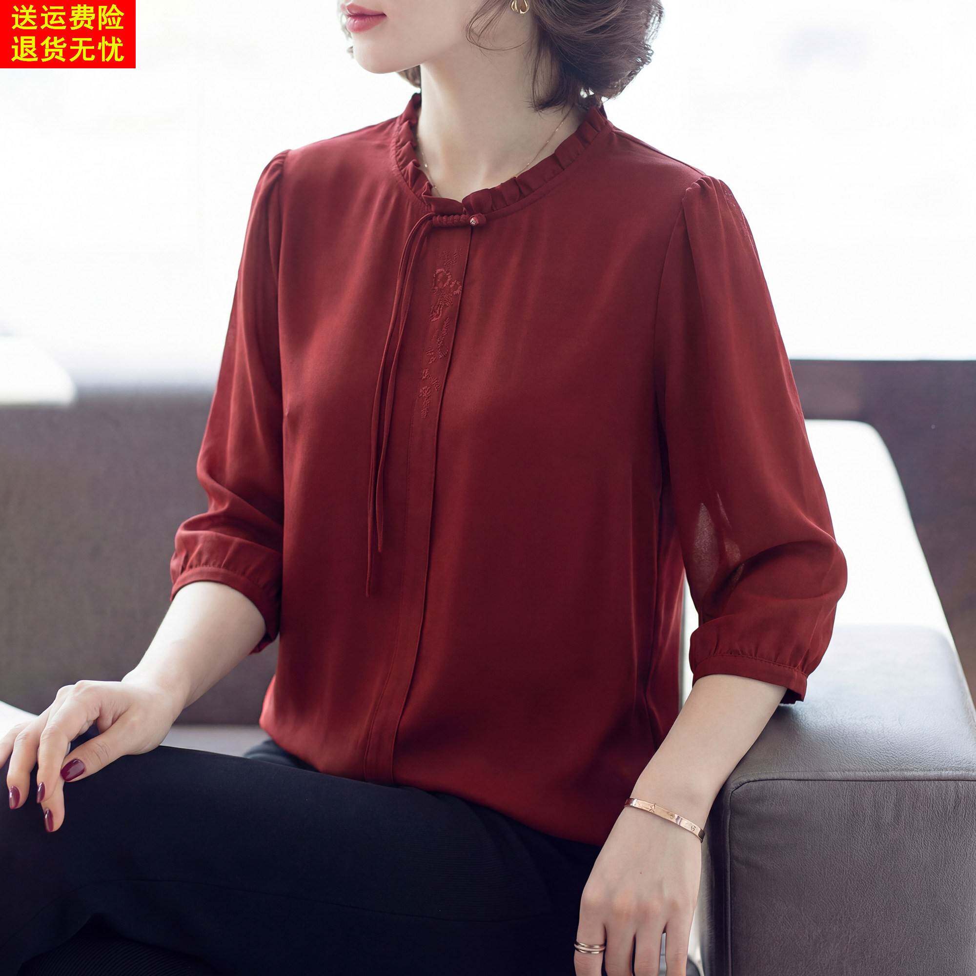 新中式国风雪纺衬衫中老年人女妈妈夏装红色贵夫人气质上衣服套装