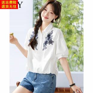 2026夏季新款白色漂亮纯棉短款休闲衬衫宽松短袖套头显瘦上衣女装