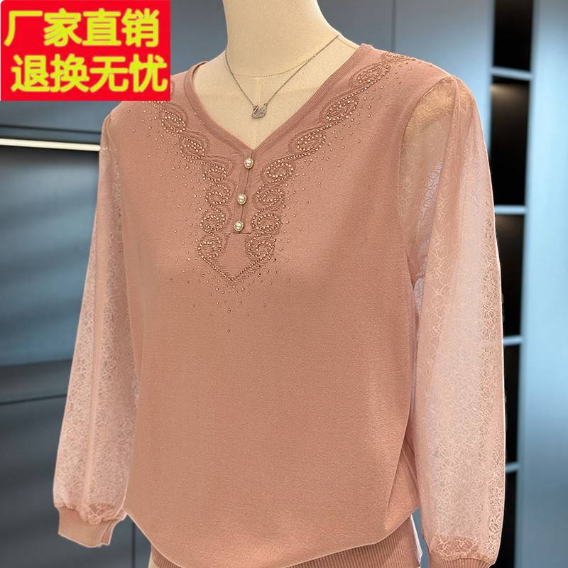 时尚休闲妈妈装雪纺拼接针织衫女春装新款上衣气质百搭中老年小衫