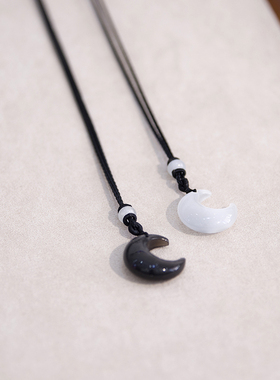 猫眼石银曜石男女情侣月亮项链