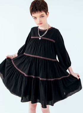 秒发runningHIGH 21春夏复古纯色多层花边镶边中袖连衣裙短裙韩国