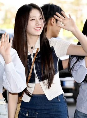 babymonster李茶仁同款LARTIGENT 24春夏撞色拼接牛仔针织衫韩代