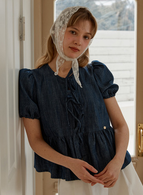 ANOETIC 25春季新品法式田园风甜美系带牛仔泡泡袖衬衫韩国代购