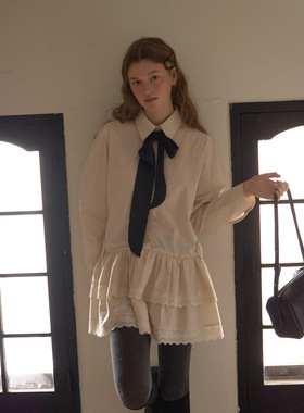 ANOETIC 25春夏季新品宽松翻领系带式蛋糕衬衫连衣裙韩国代购