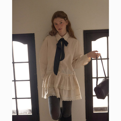 ANOETIC 25春夏季新品宽松翻领系带式蛋糕衬衫连衣裙韩国代购