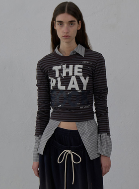 现货LCDC 25秋季新品修身条纹撞色美式涂鸦印花长袖T恤韩国代购