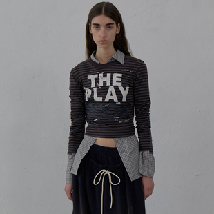 现货LCDC 25秋季新品修身条纹撞色美式涂鸦印花长袖T恤韩国代购