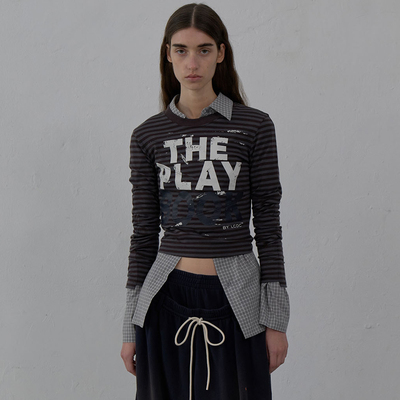 现货LCDC 25秋季新品修身条纹撞色美式涂鸦印花长袖T恤韩国代购