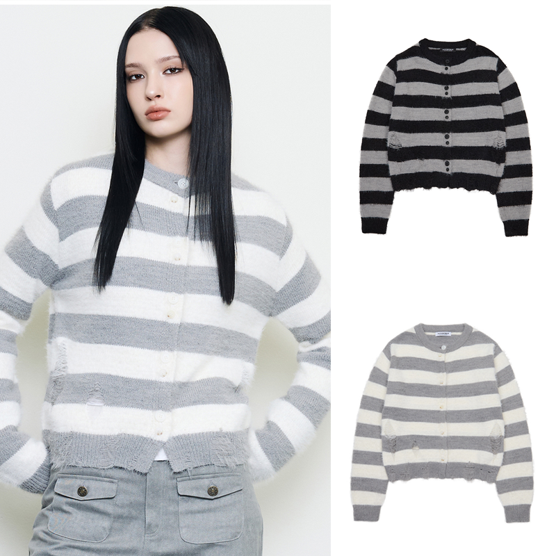 LUV IS TRUE 25冬季新款条纹做旧针织开衫通勤羊毛衫韩国代购