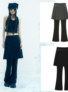 OJOS 25冬新款拼接假两件裤子带屁帘微喇显瘦休闲裤韩国代购