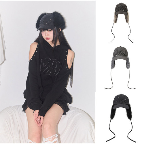 ILLIGO 25冬新款铆钉刺绣鸭舌帽毛绒绒雷锋帽棒球帽韩国代购